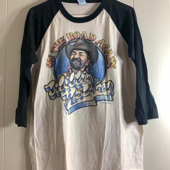 vintage 1980 WILLIE NELSON On The Road Again raglan 3/4 sleeve tee shirt LARGE - Picture 3 of 8